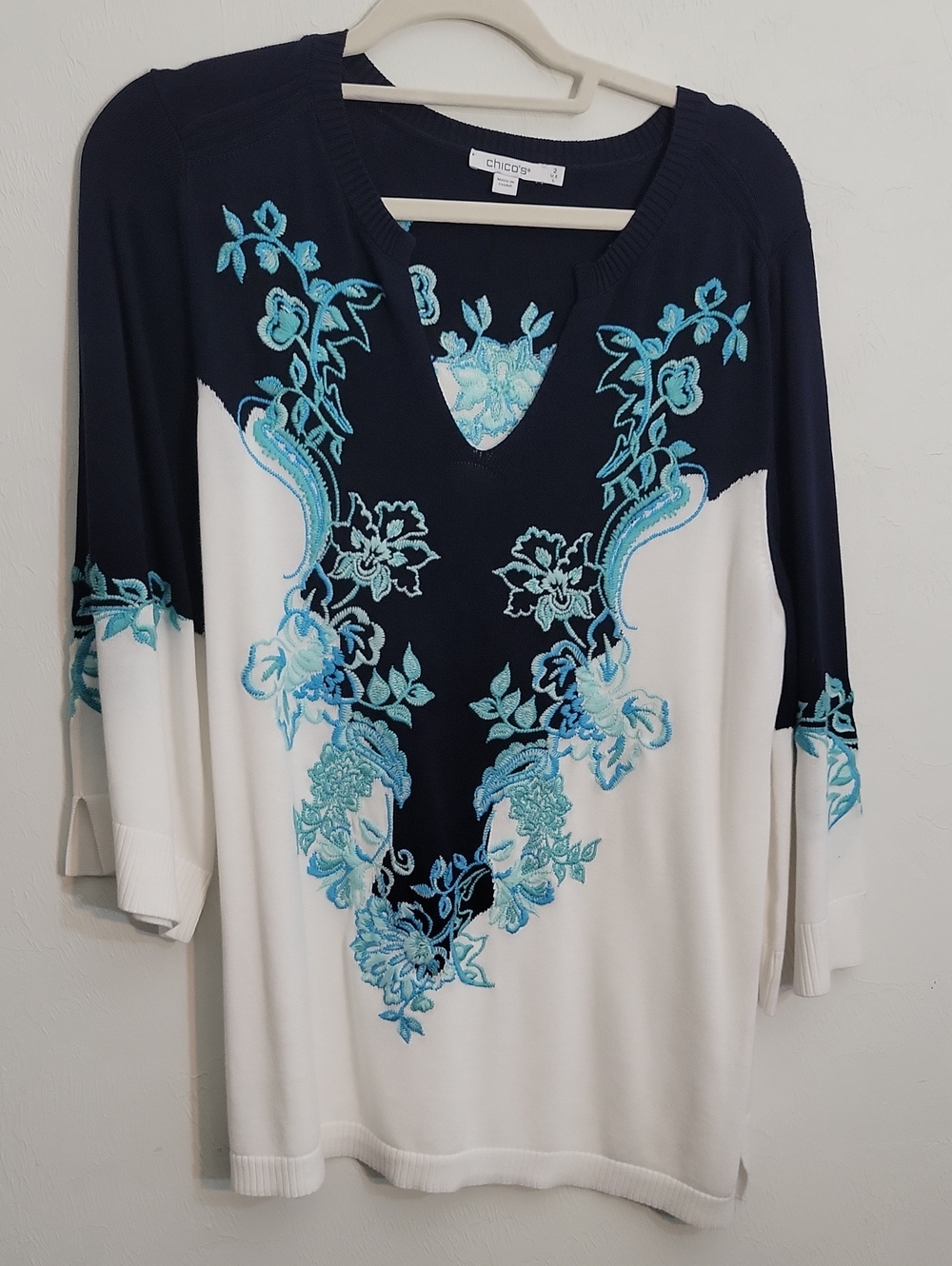 Chico's Navy, White & Aqua Embroidered V-Neck Tunic